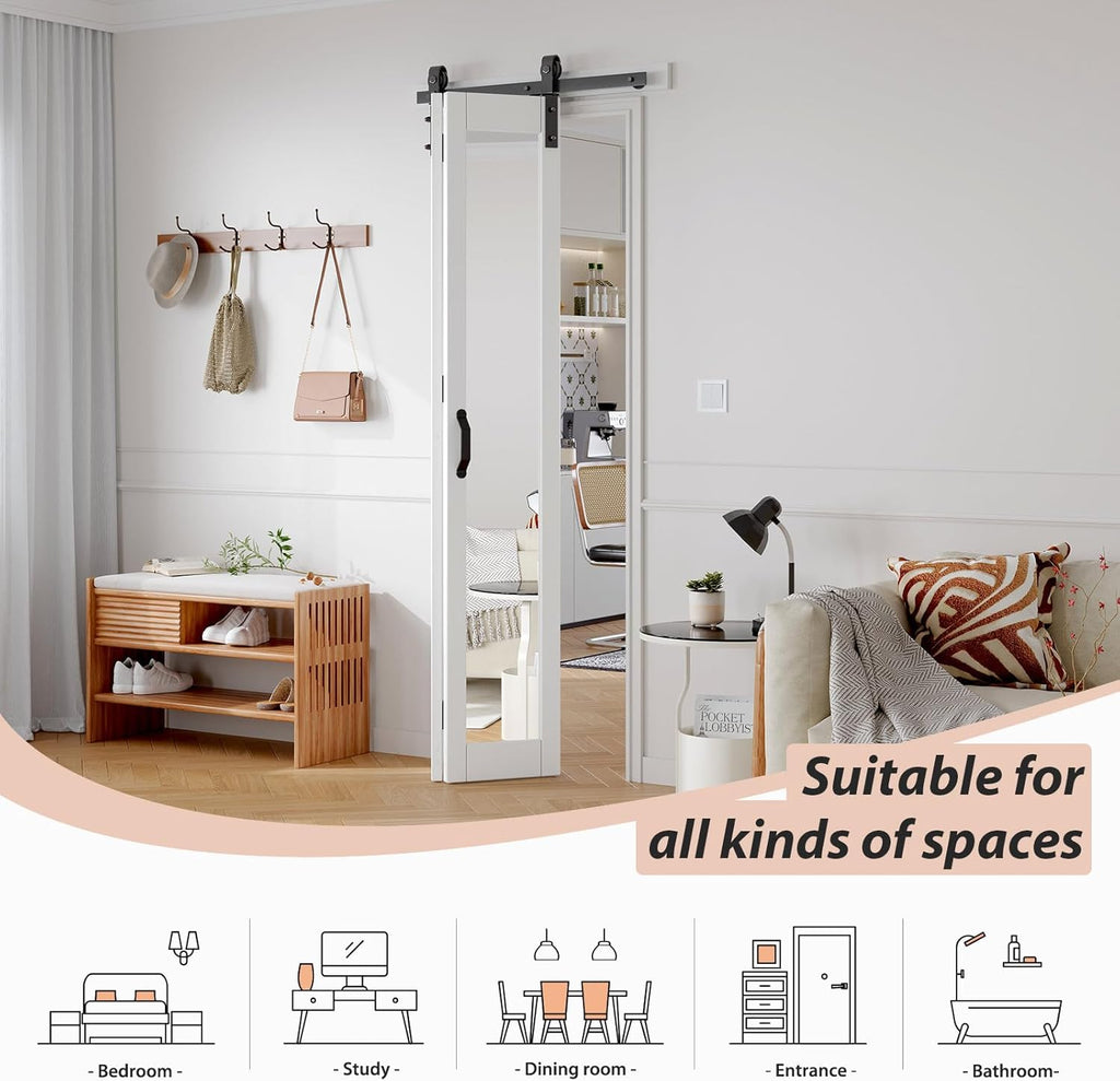 Bifold Barn Doors Double 15x84 with Mirror for Closet,White,Hardware Included