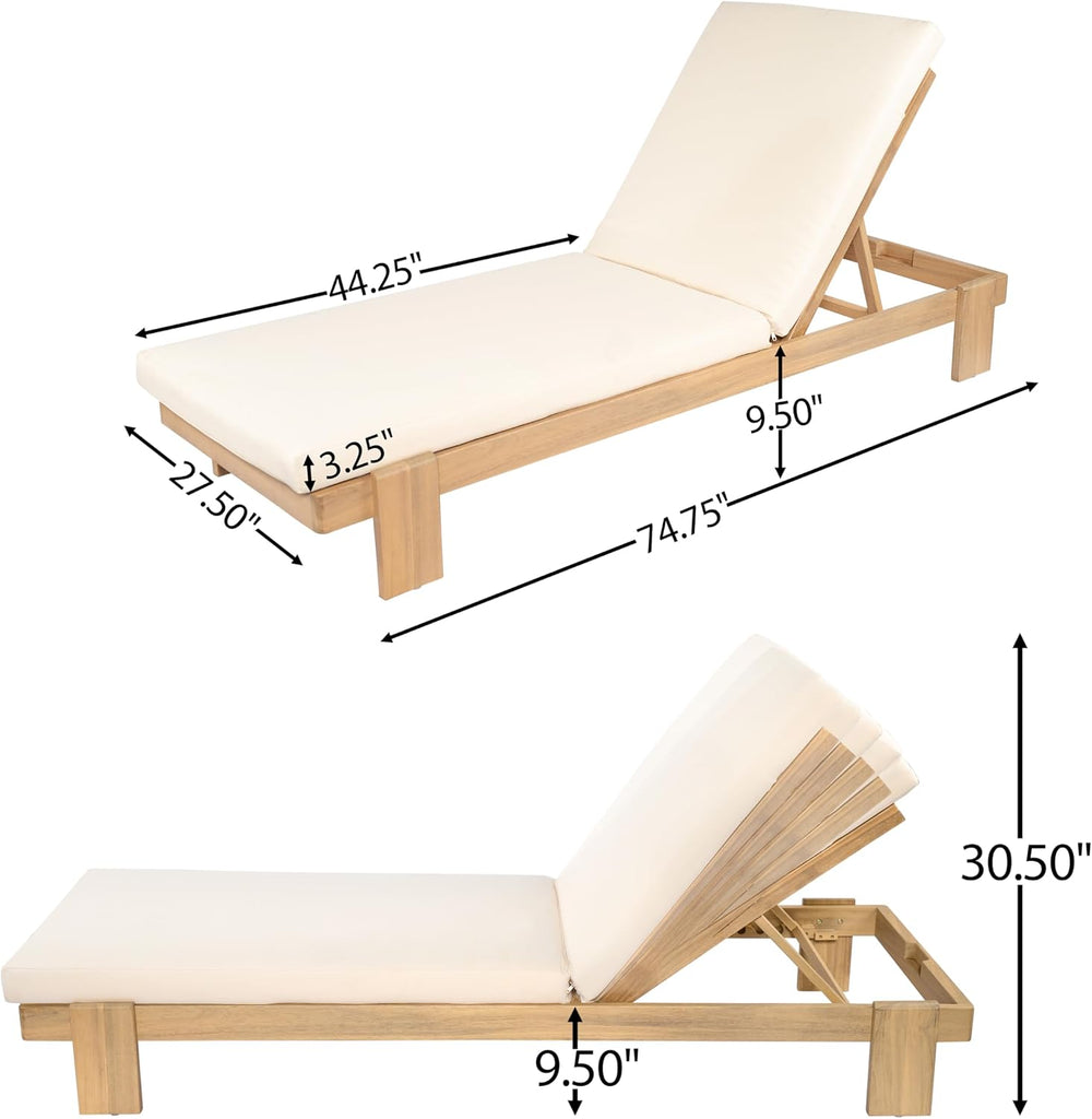 Acacia Wood Chaise Lounge Chair Set of 2, Patio Outdoor Chaise Lounge with Cushions, Adjustable Backrest Single