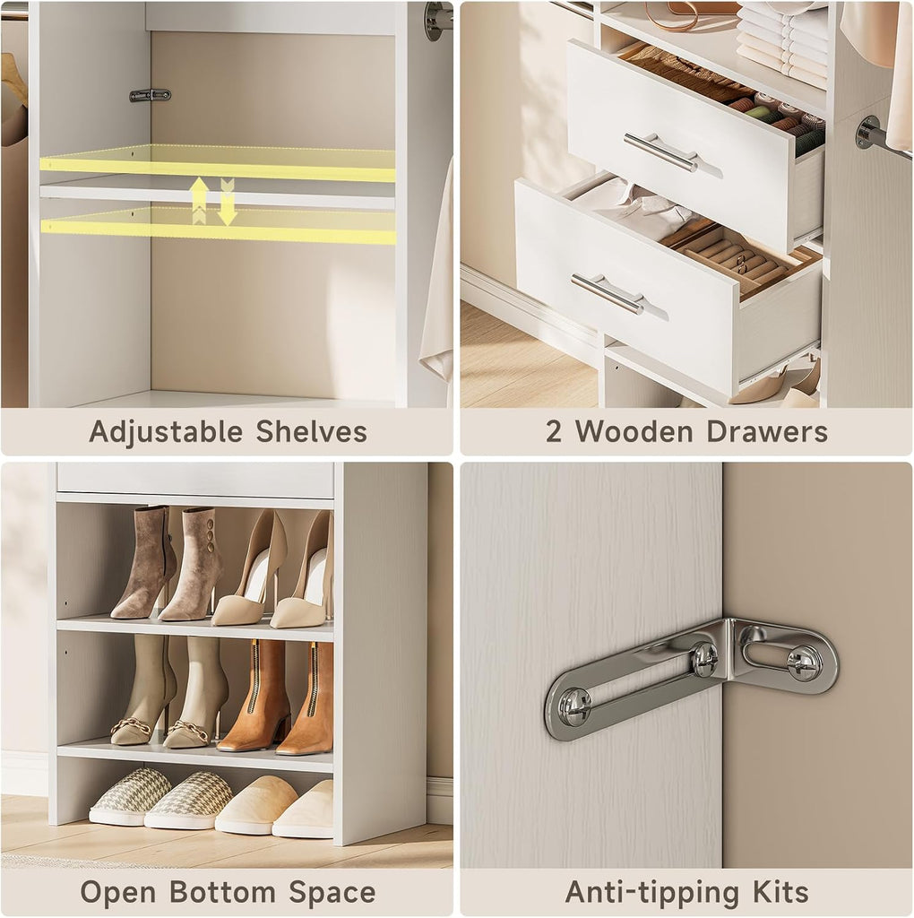 W2 Closet System with 2 Drawers, 3.5FT-7.7FT Closet Organizer System with 4 Chrome-Plated Telescopic Rods & 5