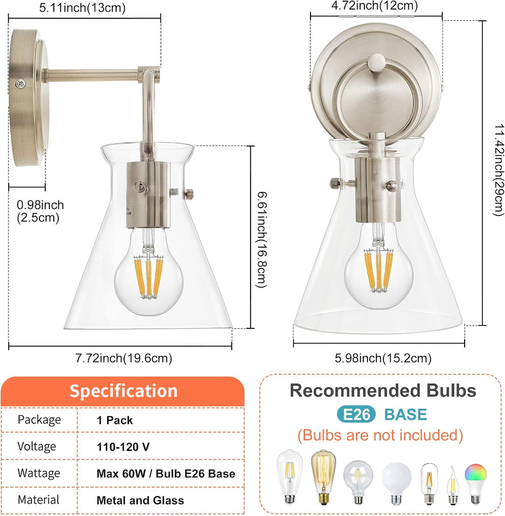 Wall Sconce 6" Clear Glass Shade Nickel 1 Pack | Modern Vanity Light Fixtures, Hardwired Wall Mount Lighting