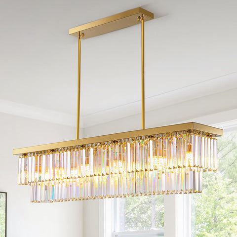 12-Light Modern Crystal Chandelier Gold Rectangular K9 Crystal Raindrop Chandelier, Luxury 2-Tiers Adjustable Ceiling Pendant Light Fixture for Dining Room Kitchen Island, L47'' x W10'' x H10'' A107-B0BZJ2TLY2