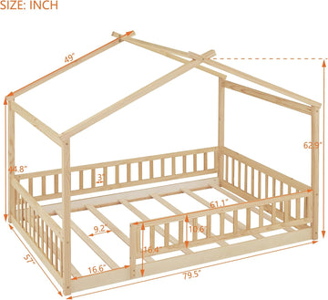 Full Size House Bed Frame, House Beds for Kids, Montessori Floor Bed with Fence, Playhouse for Kids,Full, Natural