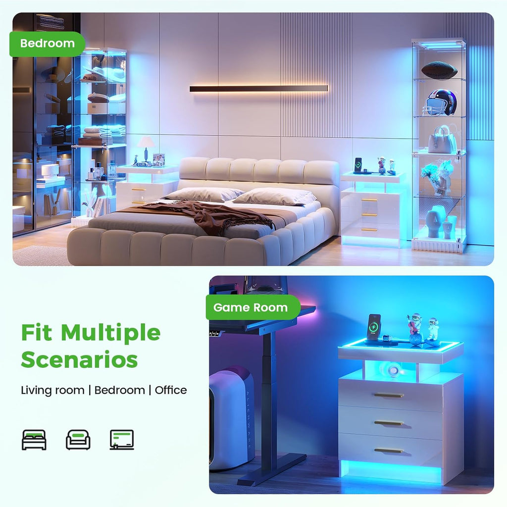 Night Stand Set 2 with LED Lights, High Gloss Nightstand with 3 Drawers,Wireless&USB&Type-C Charging Station,Smart