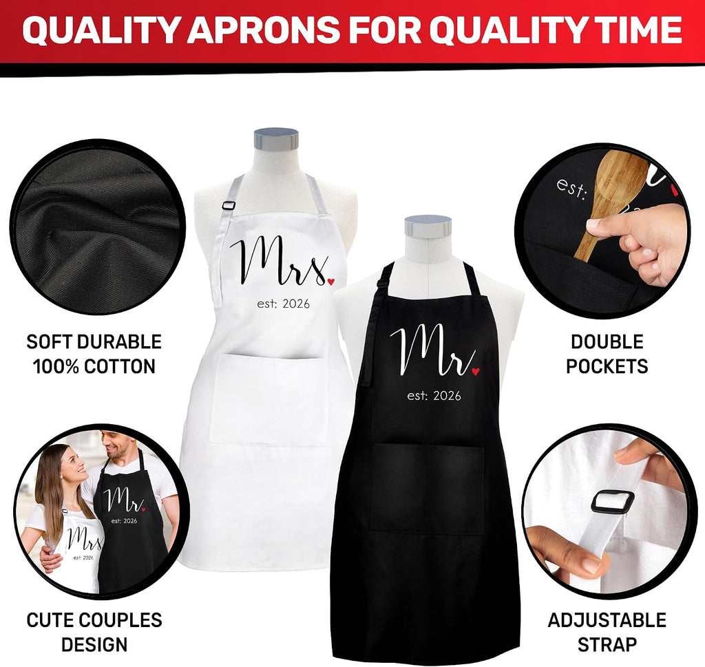 Couples Aprons, Mr. & Mrs. Est: 2026 Black & White