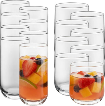Ascent Tumbler and Rocks Drinking Glasses Set of 16, Glass Drinking Glasses with Curvature, Versatile Glassware Set