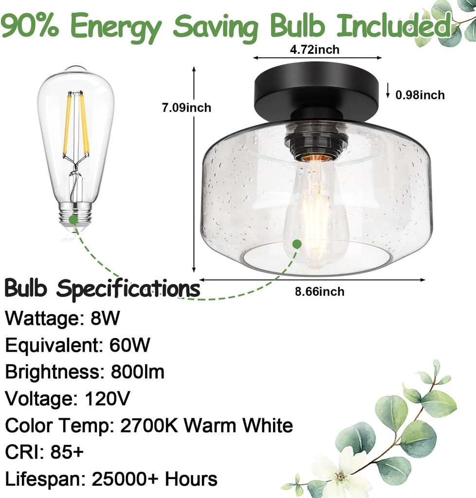 Industrial Semi Flush Mount Ceiling Light, 800 Lumen LED Bulb Included, Seeded Glass Shade Farmhouse Light Fixture