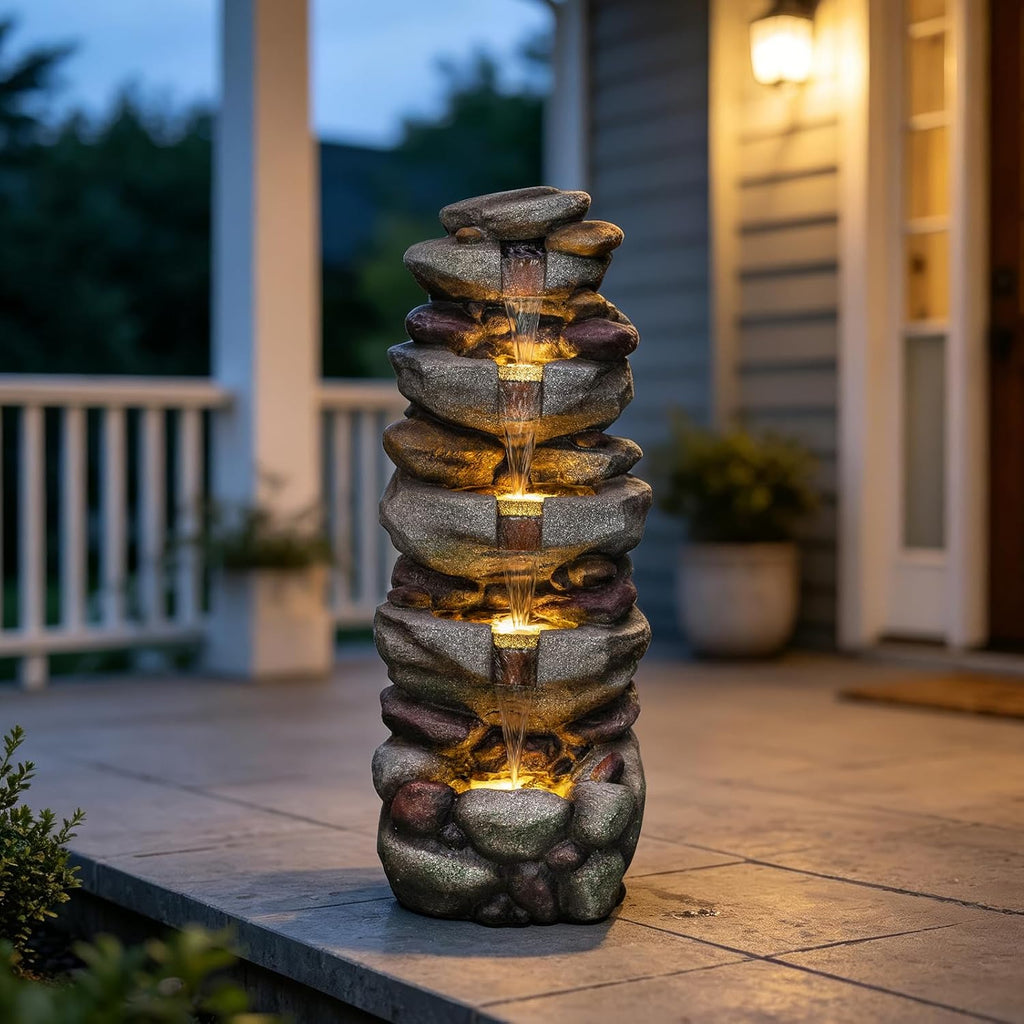 39" Stacked Rock Design Outdoor Freestanding Water Fountain, Floor Fountain with LED Lights and Pump
