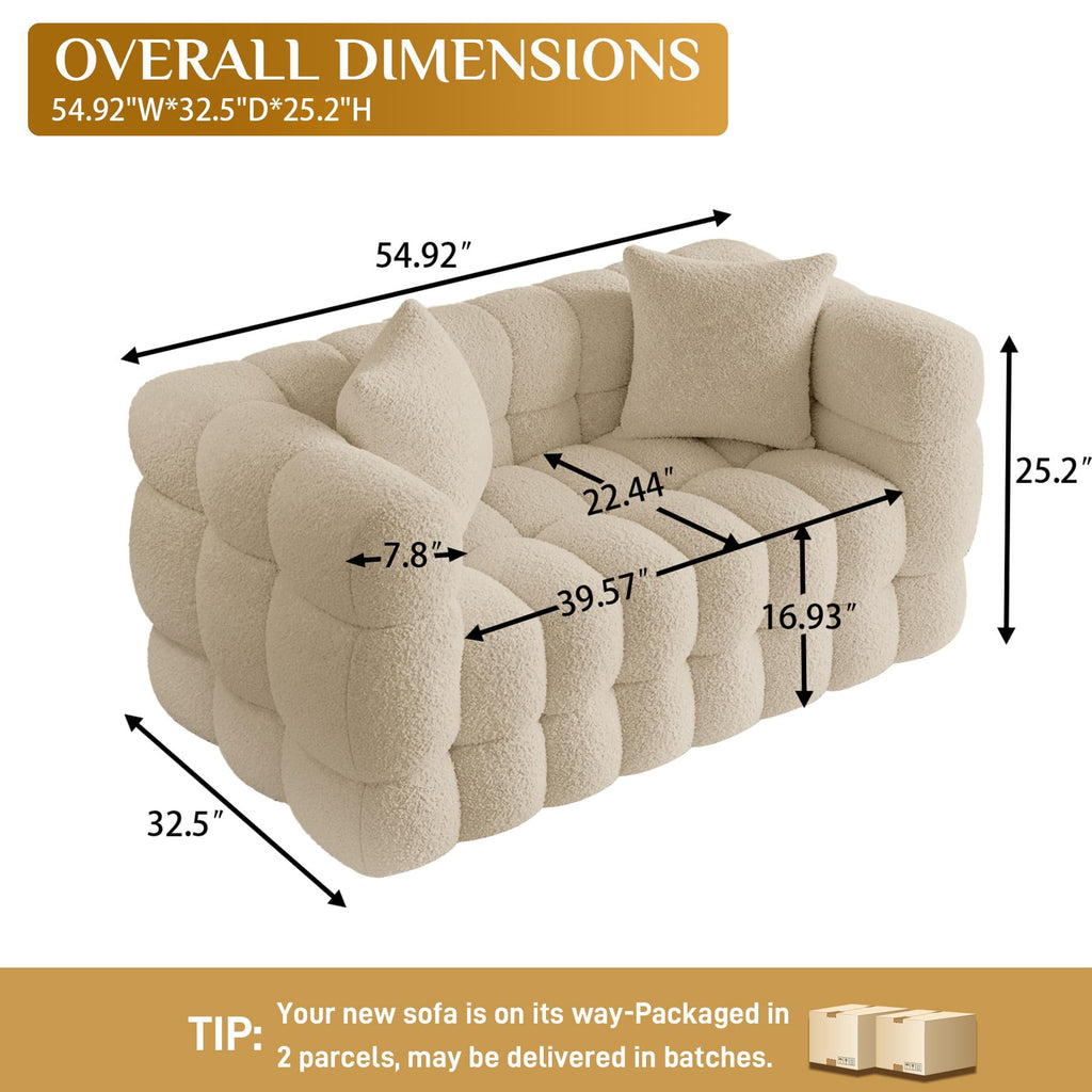 55" Boucle Cloud Loveseat with 2 Pillows, Light Brown