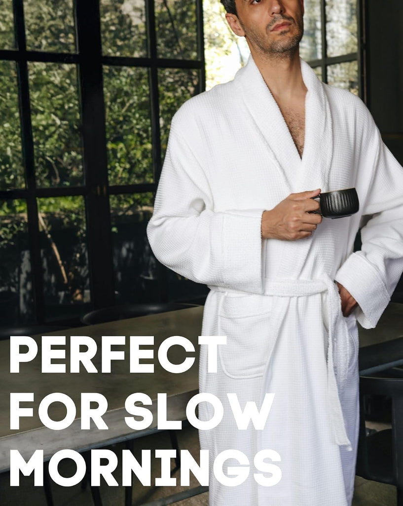 Cotton Waffle Bathrobe, Luxury Spa Hotel Shawl Collar Robe for Women & Men, Plush Terry Inside