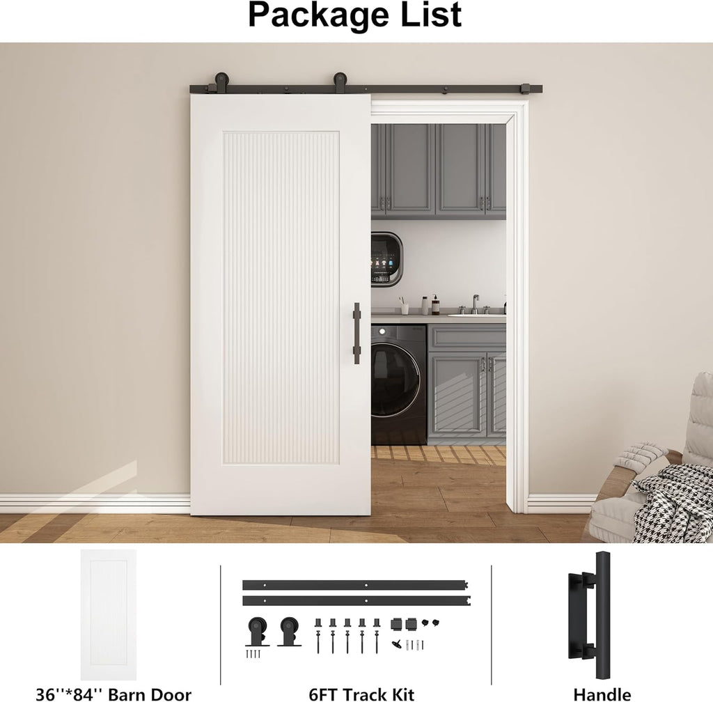 36''x84'' Sliding Barn Door, 1 Panel Reeded White Primed Sliding Closet Door with Matte Black 6FT Ha