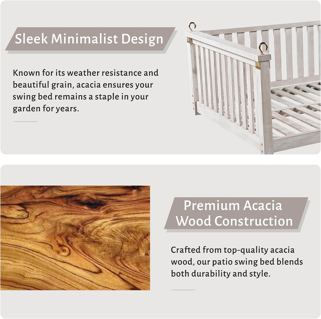 79" Acacia Solid Wood Porch Swing Bed Twin Size Hanging Daybed with Hemp Ropes, Classic Patio Backyard Outdoor Wooden