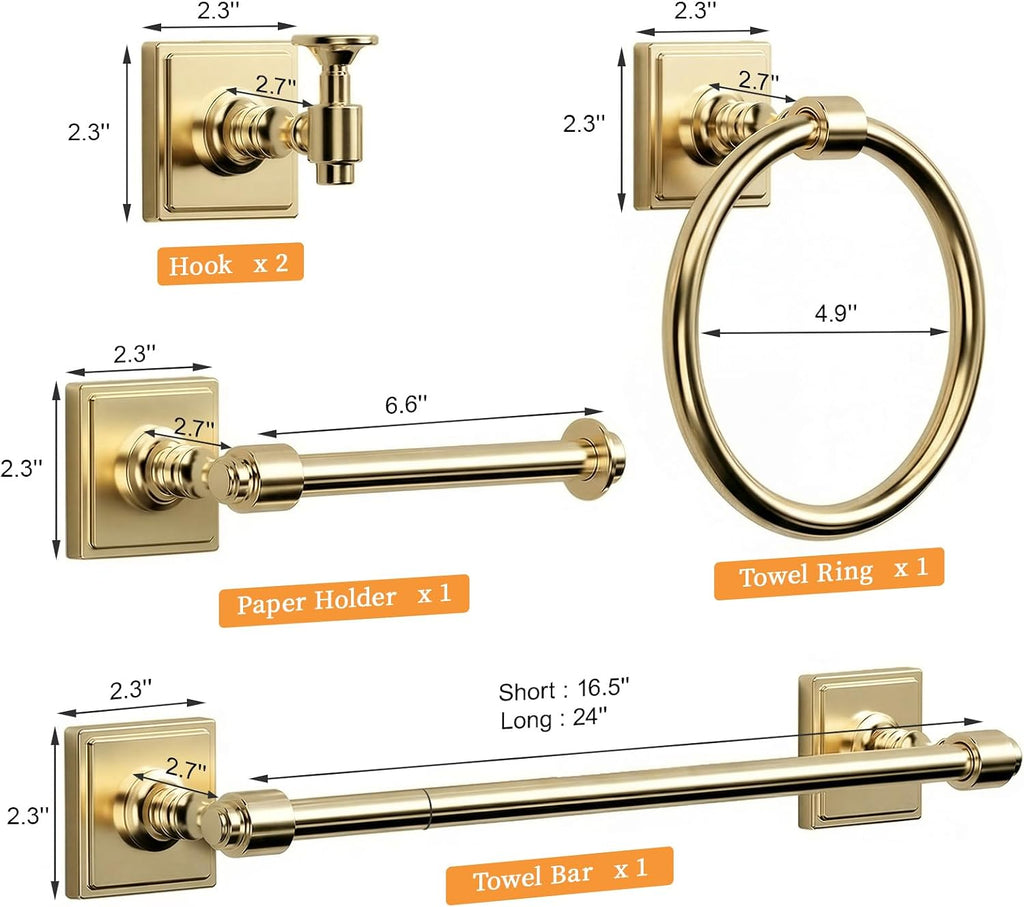 Champagne Bronze Bathroom Accessories Set, 5 Piece Bathroom Towel Holder Set, SUS304 Stainless Steel 24" Towel Bar
