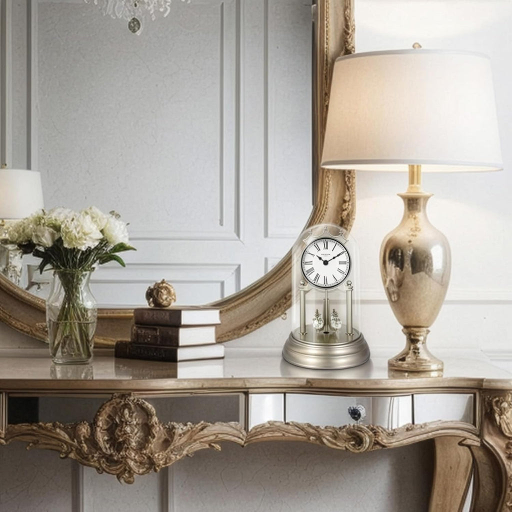 9" Genevieve Mantel Clock with Revolving Pendulum, 50th Anniversary Clock Glass Dome, Wedding Gifts