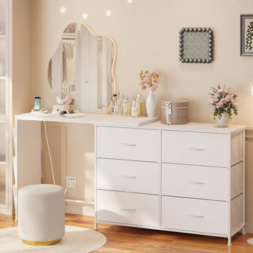 Modern Corner Vanity Desk with 6 Fabric Drawers Power Outlet Side Pocket L Shaped Drawers Makeup Desk Dressing Table