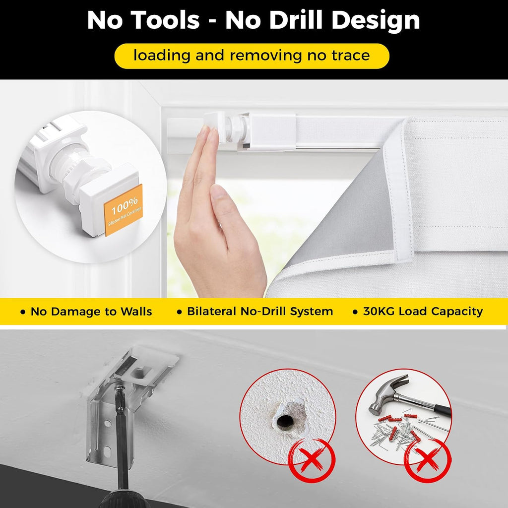 No Drill Cordless Roman Shades for Windows, - 100% Blackout - Linen - Mist White