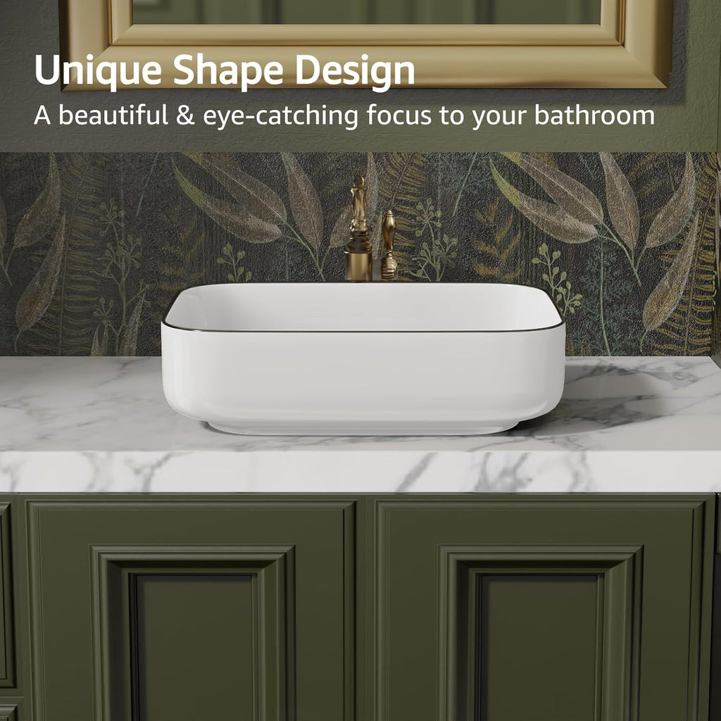 Bathroom Vessel Sink Rectangle Above Counter Porcelain Ceramic Sink Top Mount Rectanglar Countertop Sink for Bathroom 19.7"x15.2"x5.4" Glossy White with Black Rim