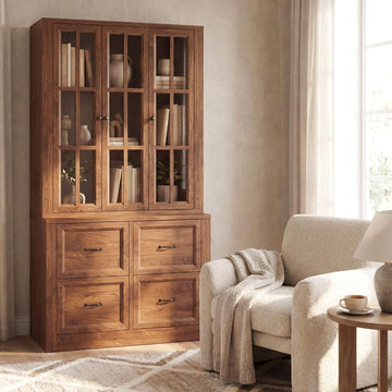 80" Tall Storage Cabinet with Glass Doors, 2-in-1 Modular Bookcase Cabinet, Freestanding Kitchen Pantry Storage