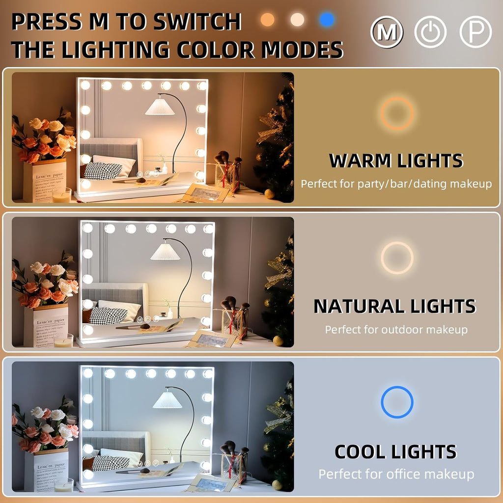 Vanity Mirror with Lights: Hollywood Lighted Makeup Mirror with 15 LED Bulbs, 22.8''x18'' Light Up Mirror with 3