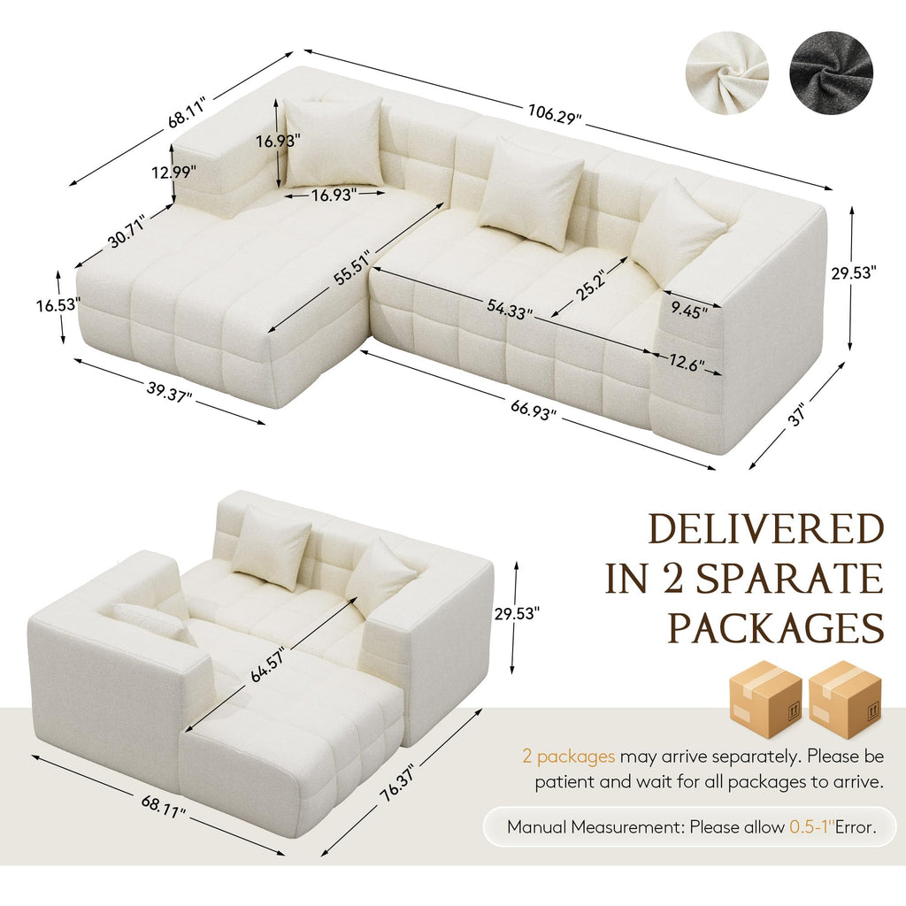 107" Cloud Sectional Couch with Chaise, Boneless Modular Sofa, Beige
