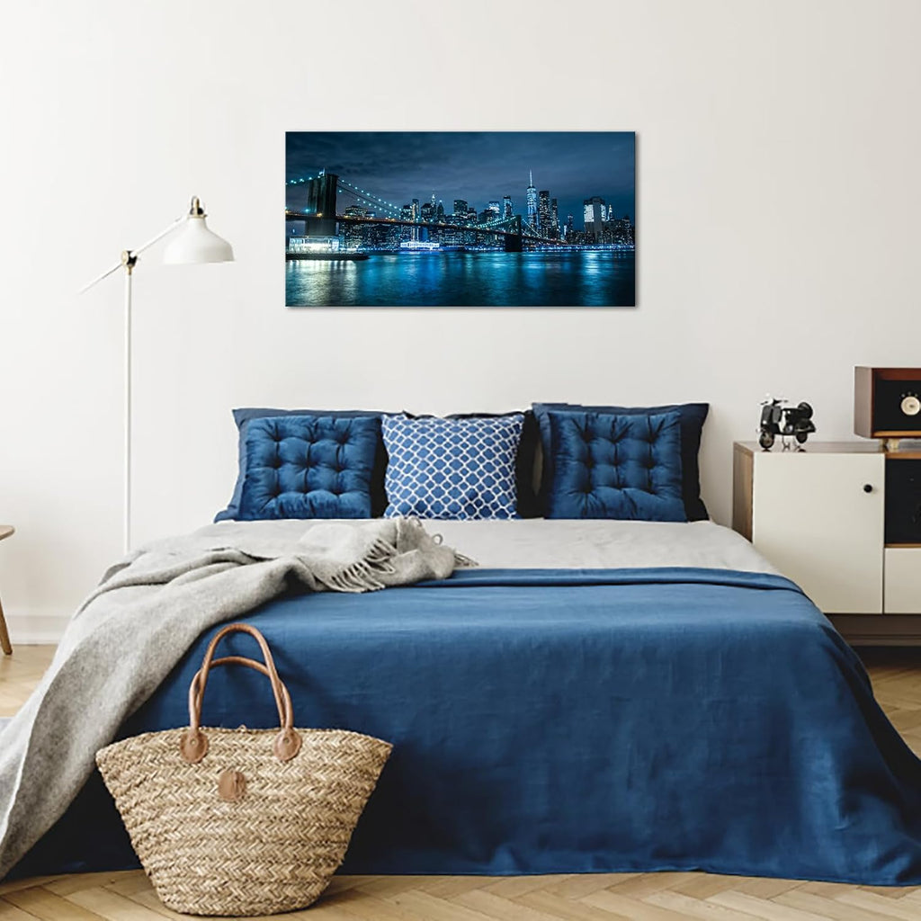 Blue New York City Canvas Wall Art Print Cityscape Brooklyn Bridge Picture Framed Wall Decor NYC Skyline Painting