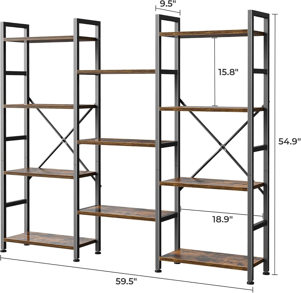 Triple Bookshelf, Bookcase with 11 Open Display Shelves, Wide Book Shelf Book Case, 4 Tier, Brown,ABC009Z