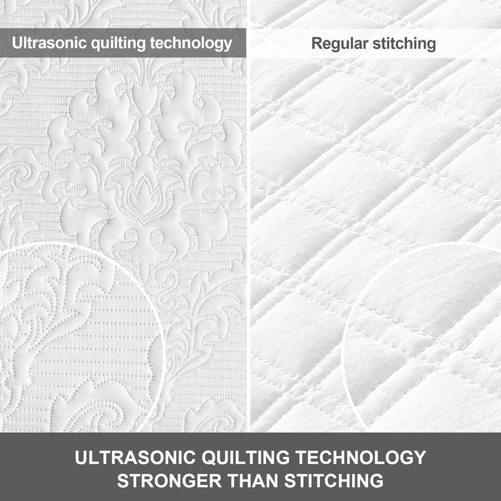 White Quilt - Ultrasonic Summer Bedspread, Soft Lightweight Coverlet Bedding Set, 3 Pieces (1 Quilt, 2 Pillowcases)
