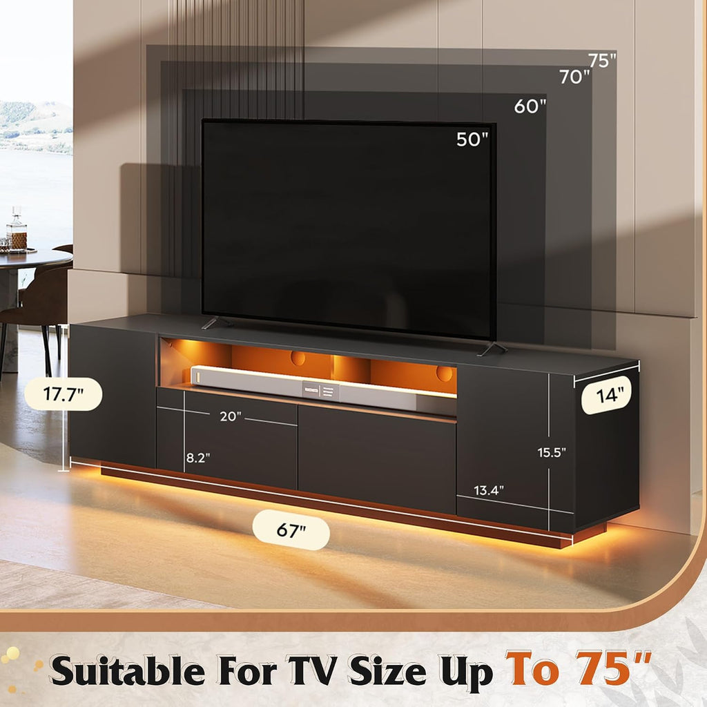 LED TV Stand with Large Storage Cabinet, Modern Entertainment Center for 55/60/65/70/75 Inch TVs, Sturdy TV Console