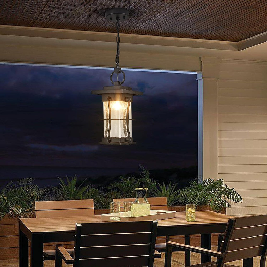 Outdoor Pendant Light, 14" H Large Hanging Lantern with Seeded Glass
