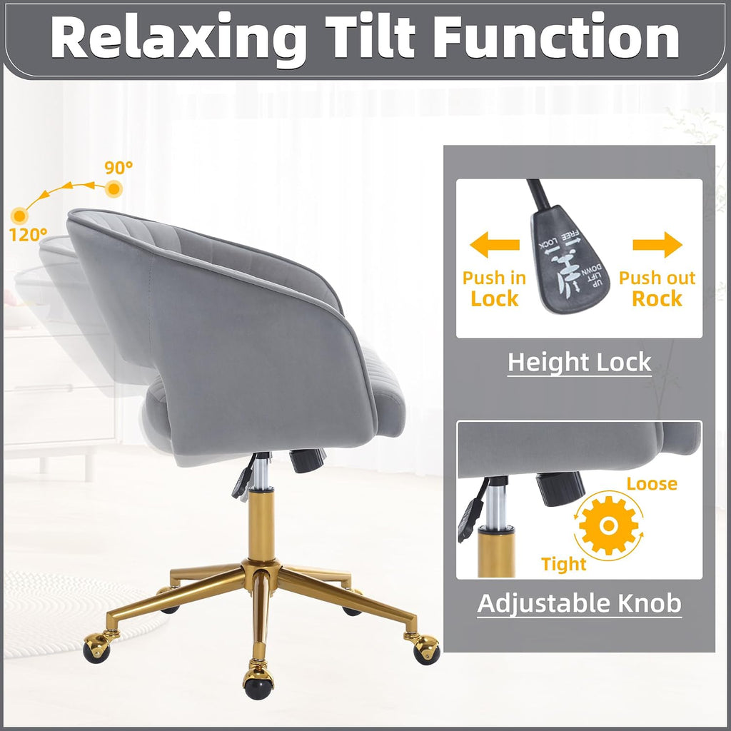 Desk Chair with Wheels, Velvet Home, Swivel Armchair Gold Base, Upholstered Modern Accent Chairs, Back Incline