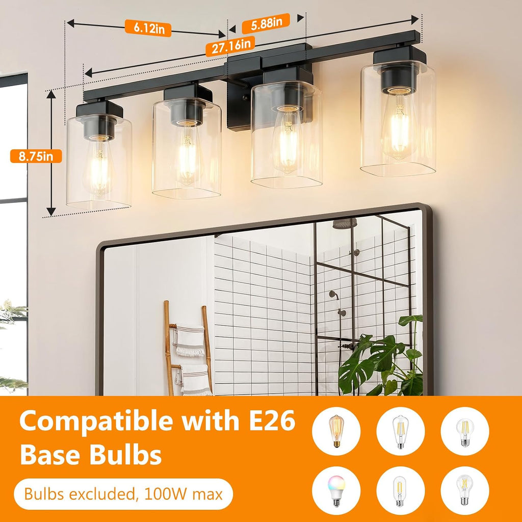27" Bathroom Light Fixtures Over Mirror,4-Light Black Vanity Light | Square Clear Glass & Durable Metal, Quick & Easy