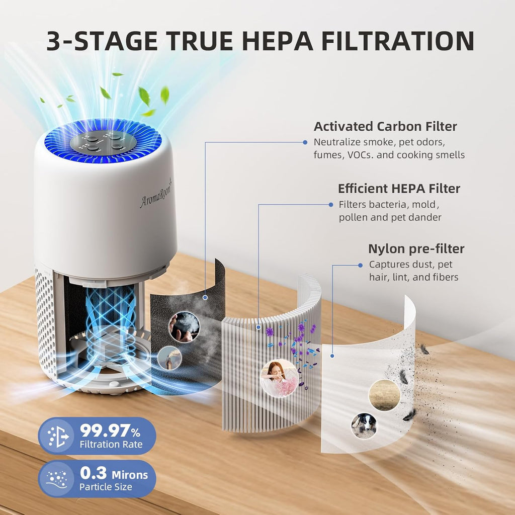 Air Purifier for Home Bedroom, H13 HEPA Air Filter For Smoke Pollen Dander Hair Smell Air Cleaner, 3
