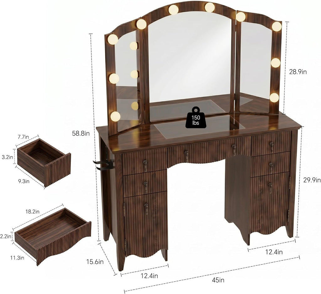Vanity Desk with Mirror and Lights, Tri-Fold Fluted Makeup Vanity,Walnut | Power Outlet, Glass Top &,Wooden, Dressing