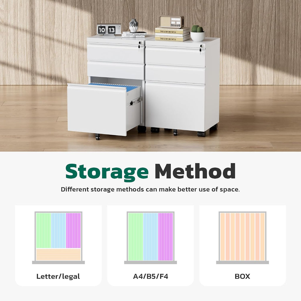 3 Drawer Mobile File Cabinet with Lock, Fully Assembled Rolling File Cabinet Except Casters, Under Desk File Cabinet