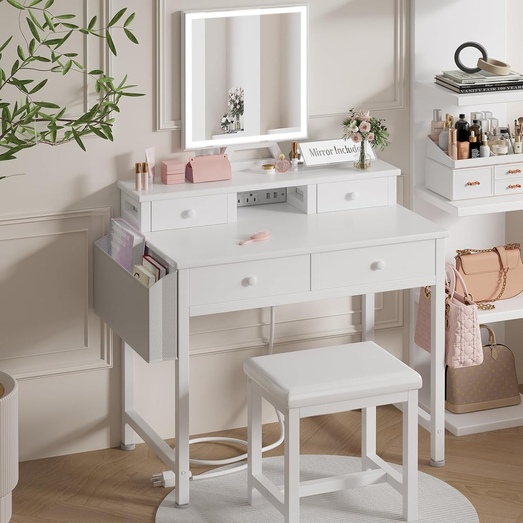 White Makeup Vanity Desk with Mirror and Lights, Vanity Set with Chair, Make Up Dresser Table with Drawers and Power