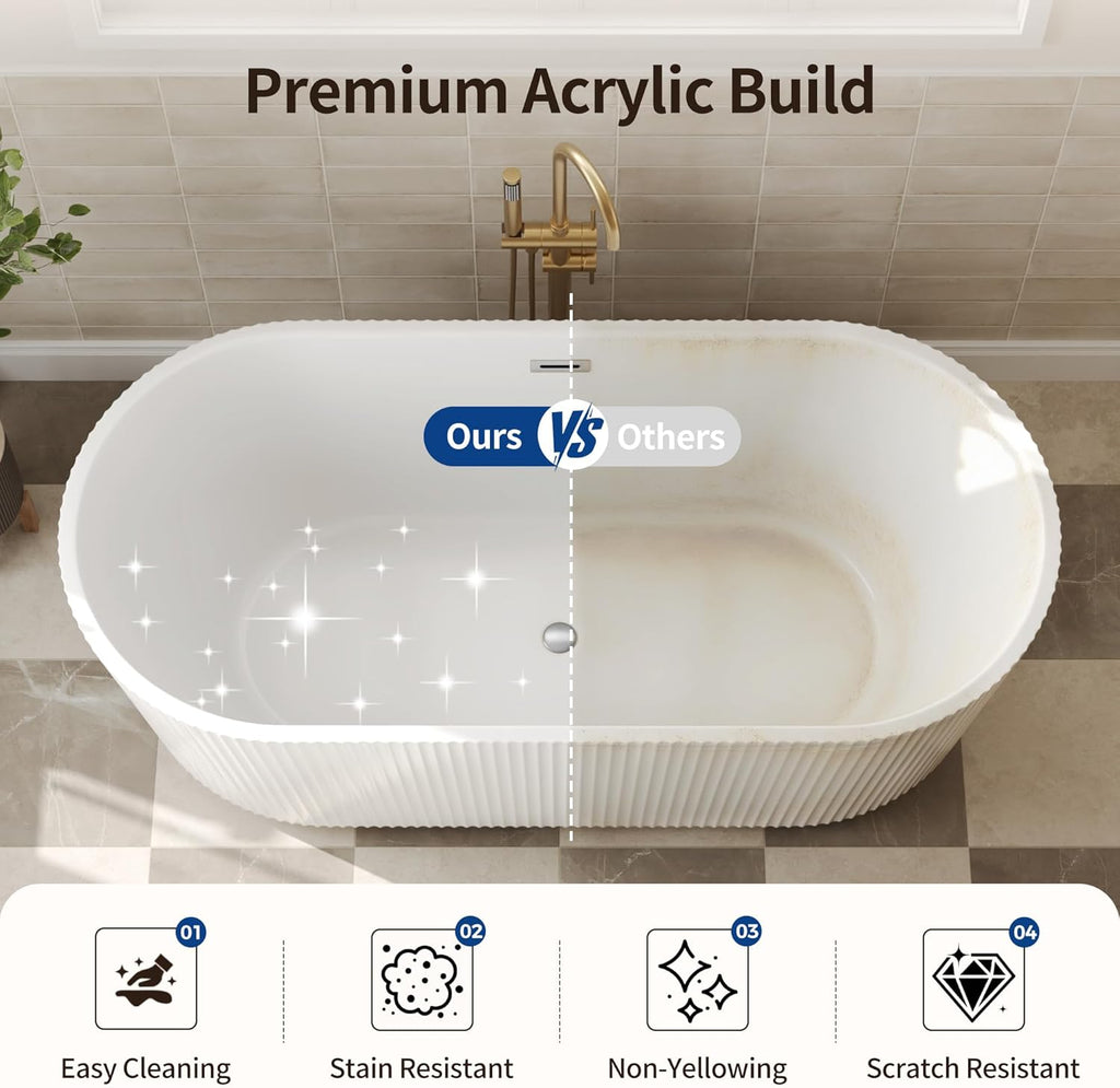 67" Acrylic Freestanding Bathtub, Easy Install Standalone Deep Soaking Tub with Fluted Design, Modern Ergonomic