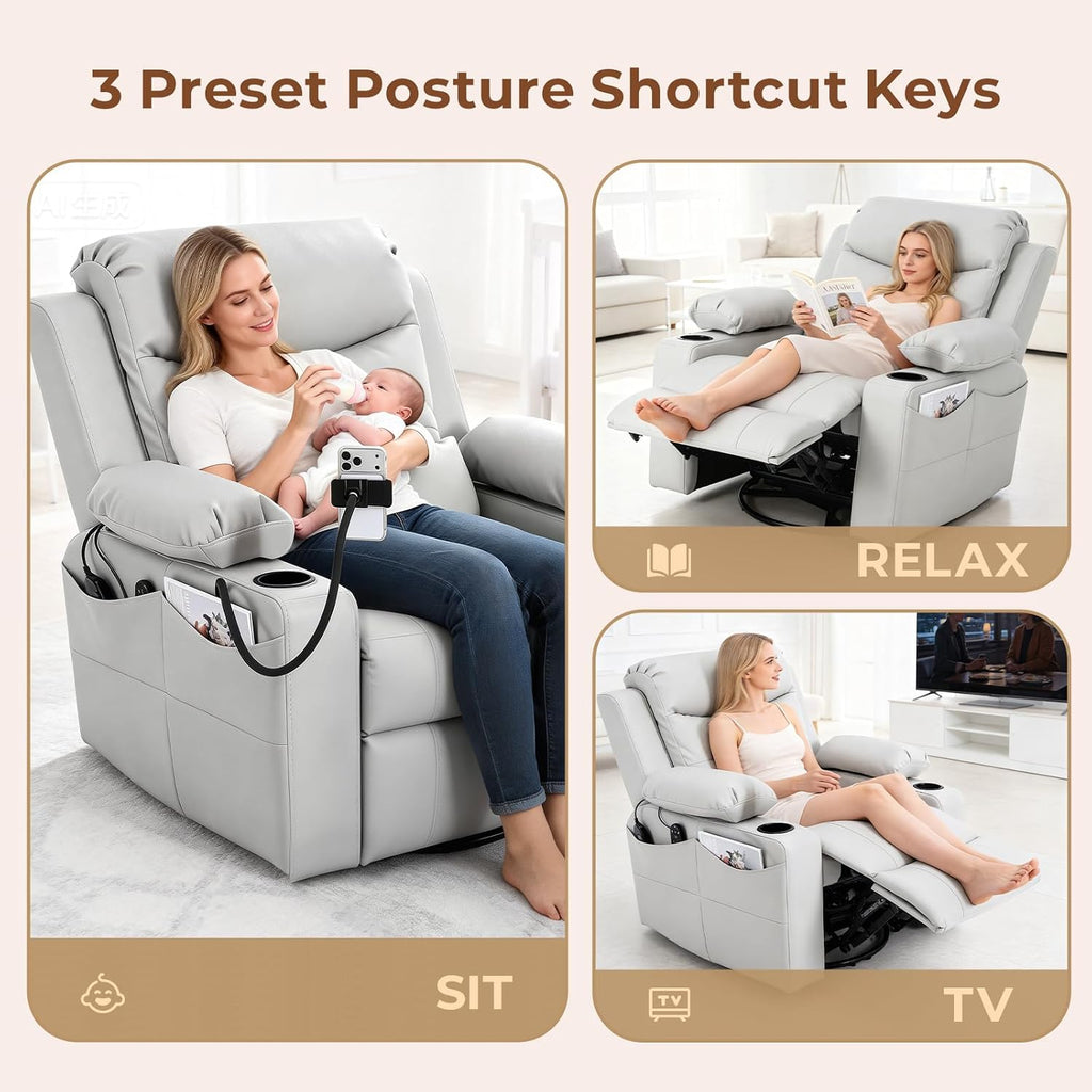 Electric Nursery Recliner Chair, Triple Motor Power Glider, 270° Swivel Rocking Chair with Adjustable Armrests