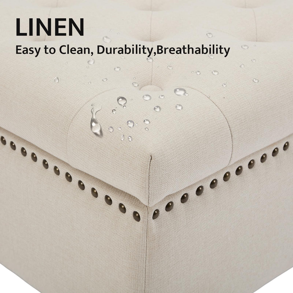 Large Square Storage Ottoman Uphlostered Tufted Button Coffee Table, Beige