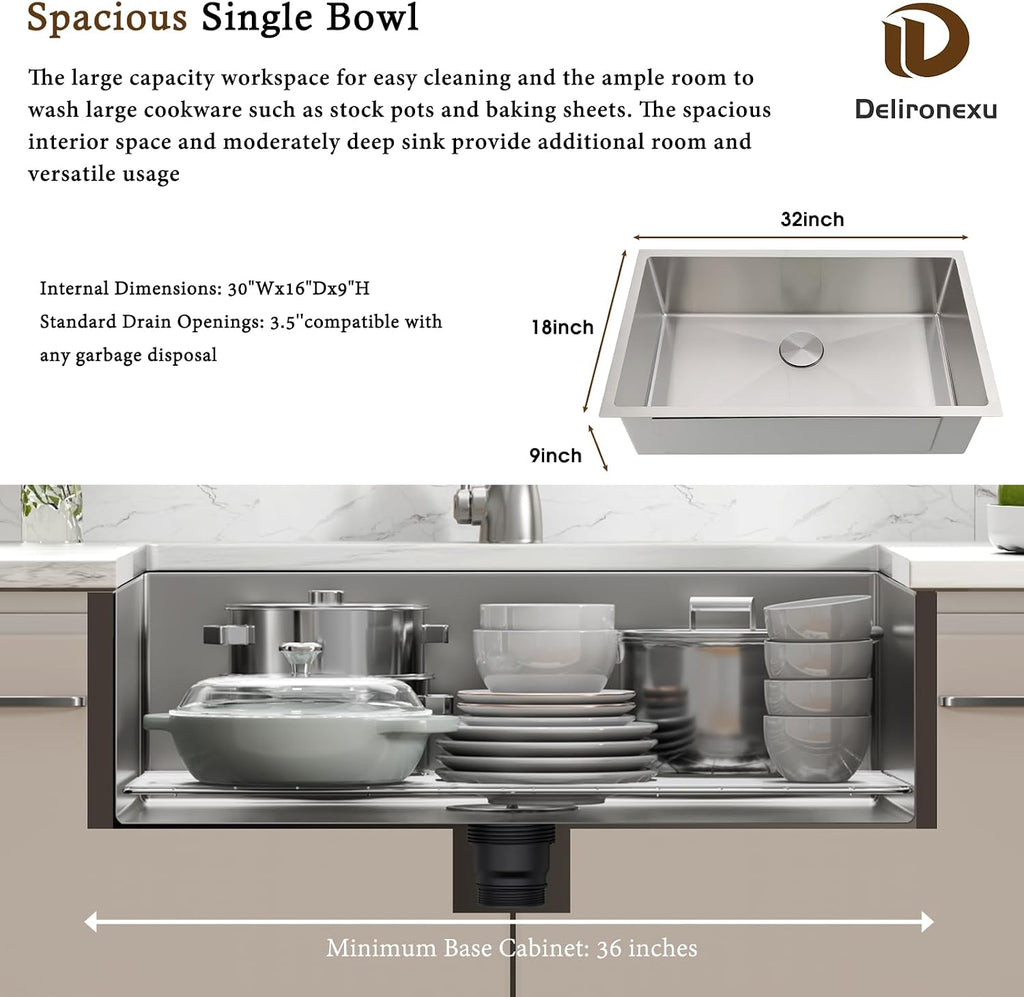 32 Inch Undermount Kitchen Sink - 16 Gauge Stainless Steel Kitchen sink Single Bowl, 32''x18'' Undermount Sink with