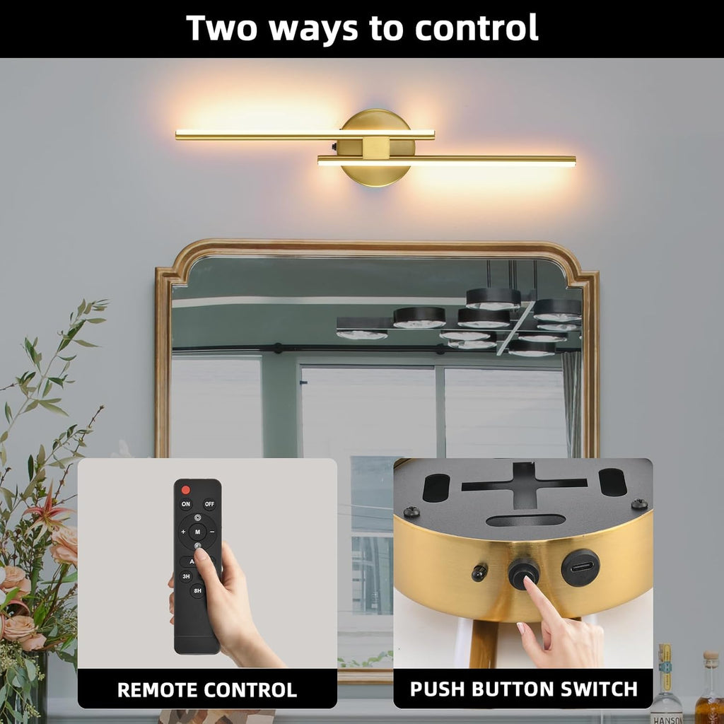 Battery Operated Wall Sconce Set of 2,Gold 23.6" 3000K-6500K LED Dimmable Wall Sconces with Remote Control,Wireless