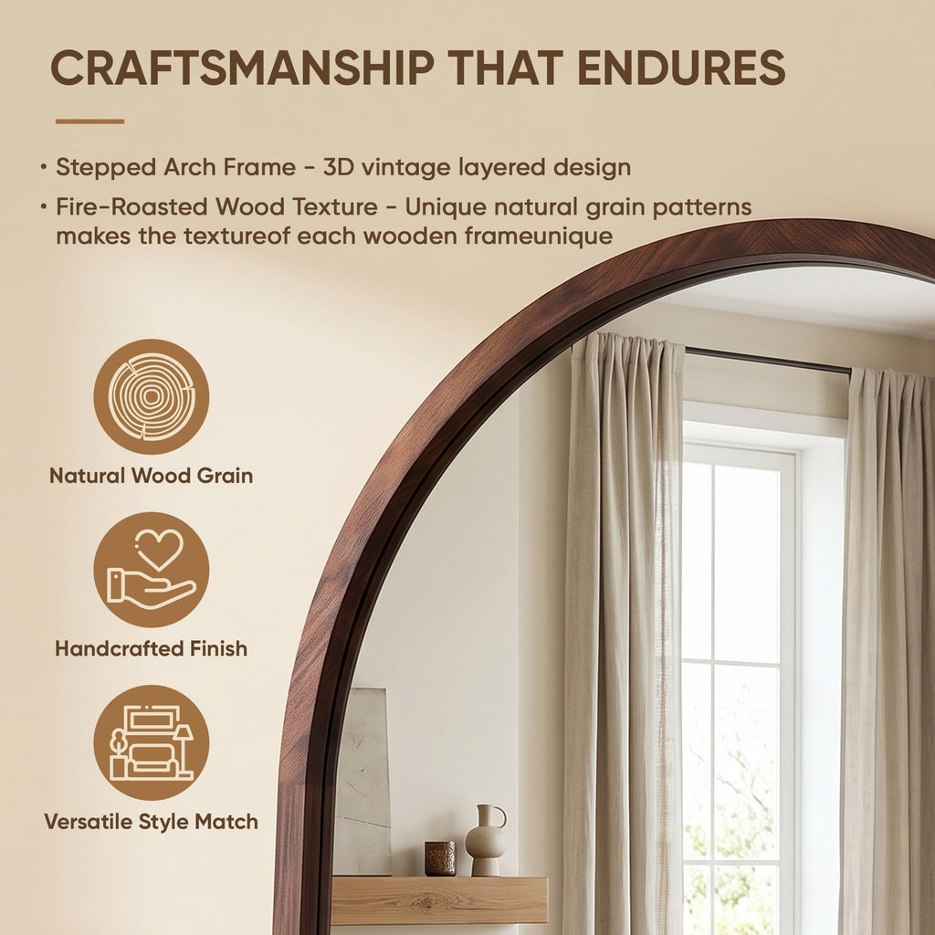 76" x 41" Arched Full Length Mirror, Solid Wood Frame Floor Mirror