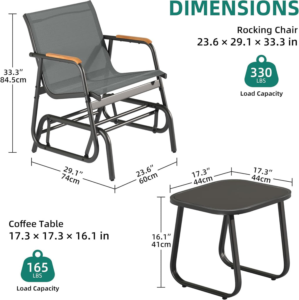 3 Piece Patio Glider Set, Textilene Gliders Outdoor Furniture Grey | Heavy-duty Patio Glider Set w/Breathable Fabric