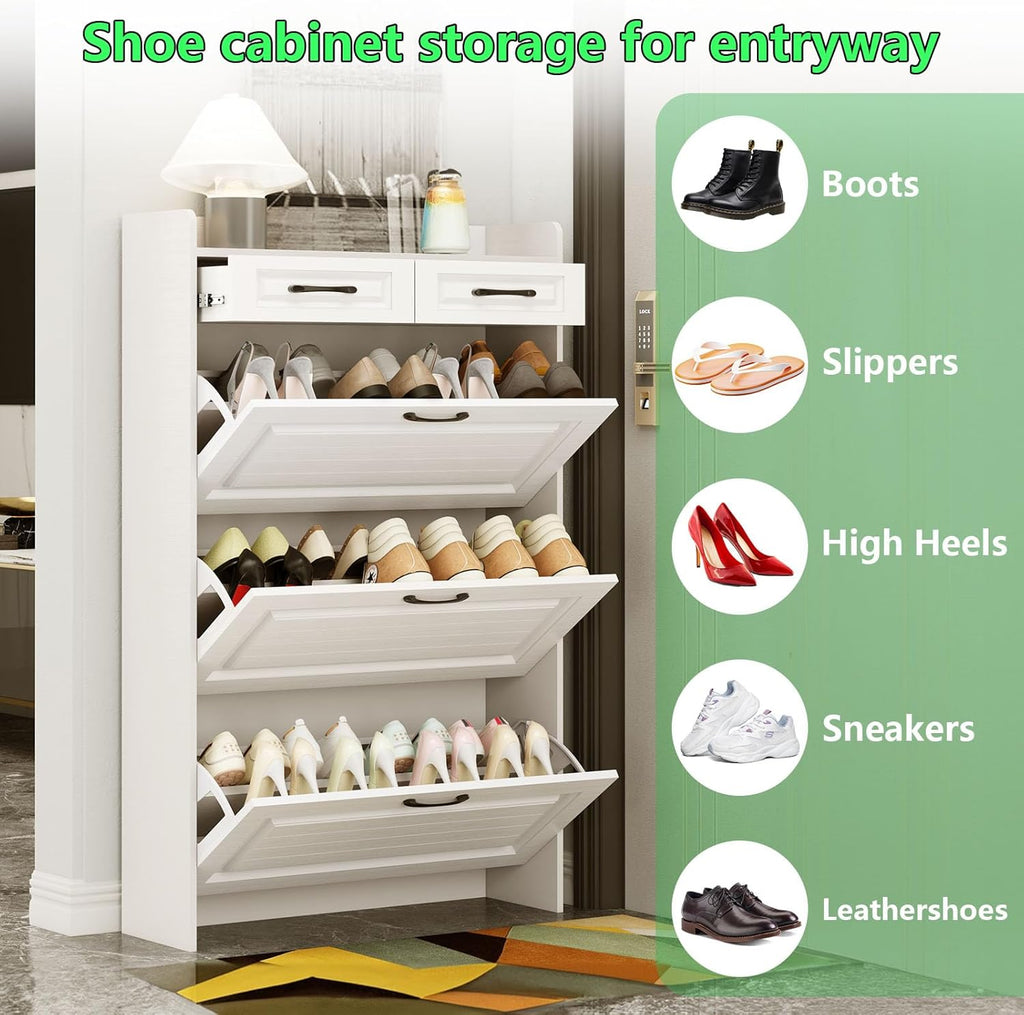 Shoe Cabinet Storage with 3 Large Flip Drawers & 2 Storage Drawers, Narrow Shoe Organizer Cabinet Fits for Kinds of