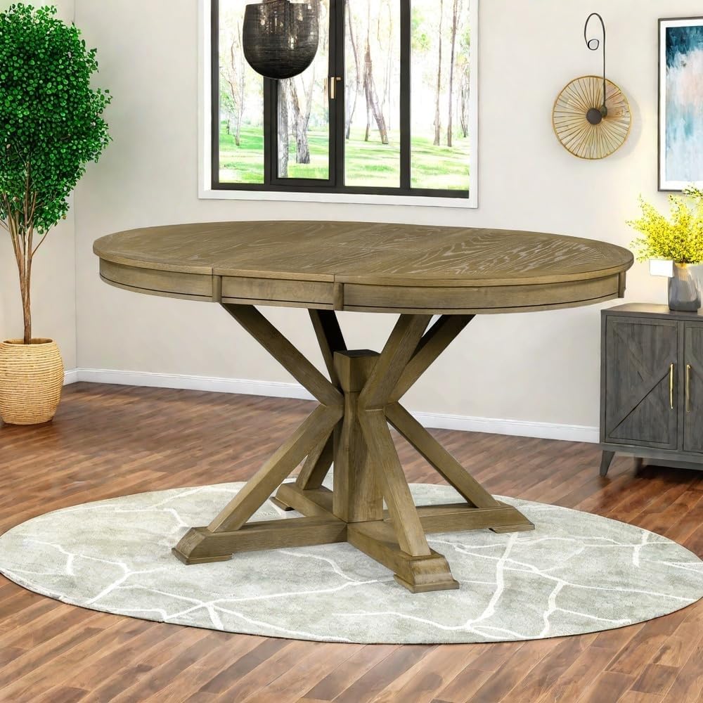 Extendable Round Dining Table for 4-8, Farmhouse 42"-54'' Expandable Kitchen Table with Removable Leaf and Pedestal