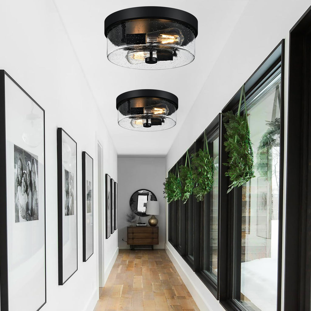 Black Flush Mount Ceiling Light Fixtures, 2-Light Ceiling Mount for Farmhouse with Seeded Glass Lampshade, Industrial