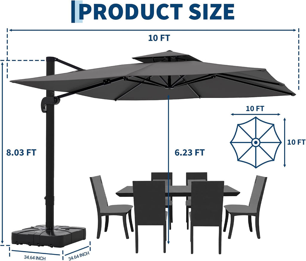 10x10 ft Square Outdoor Umbrella, Cantilever Patio Umbrella