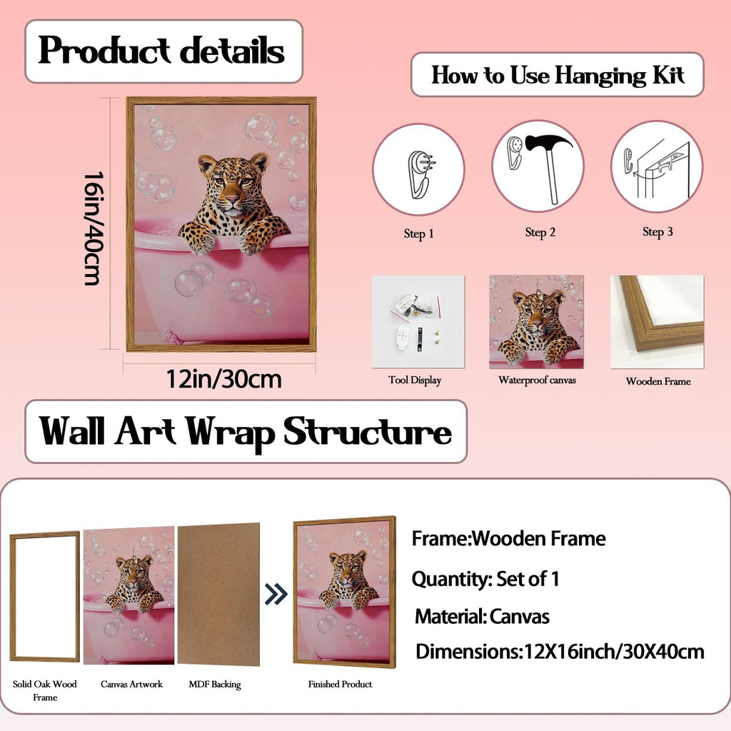 Funny Cheetah Bathroom Wall Art, Pink Leopard in Bathtub Wall Decor Paintings, Cute Animal Bathroom Poster Canvas