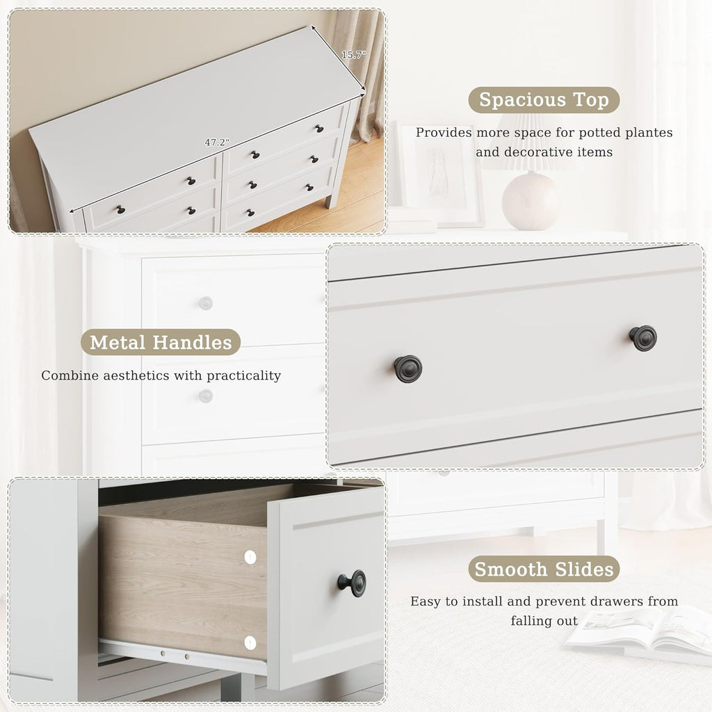 White Dresser , 6 Drawer Dresser with Wide Drawer and Metal Handles, Wood Dressers & Chests of Drawers .