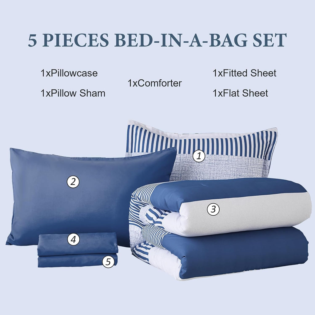 Comforter Navy Blue Striped Comforters for Boys&Girls,5 Pieces Bed in A Bag Simple Neutral-Style Bedding Sets