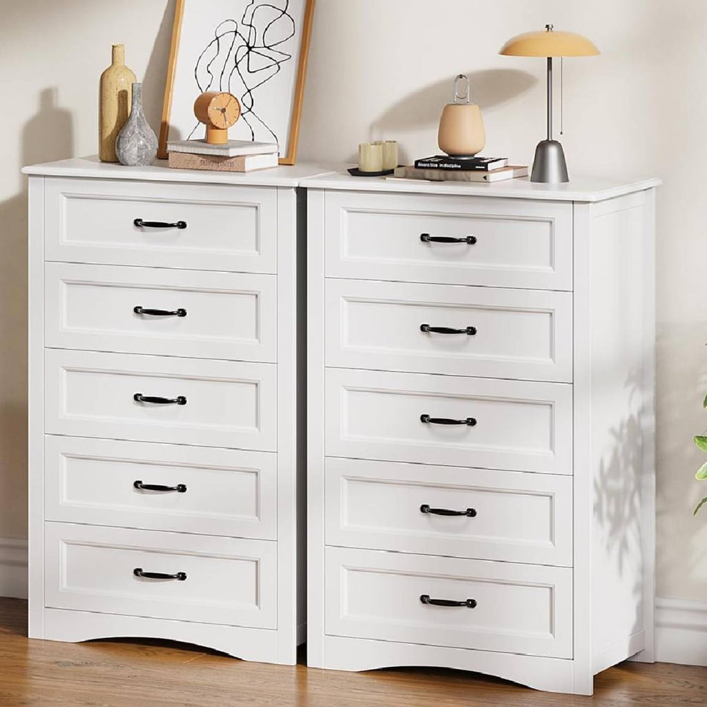 5 Drawer Dresser, White Wood Chest of Drawers , 43.3" Large Capacity Storage Cabinet with Anti-Tip Device, for