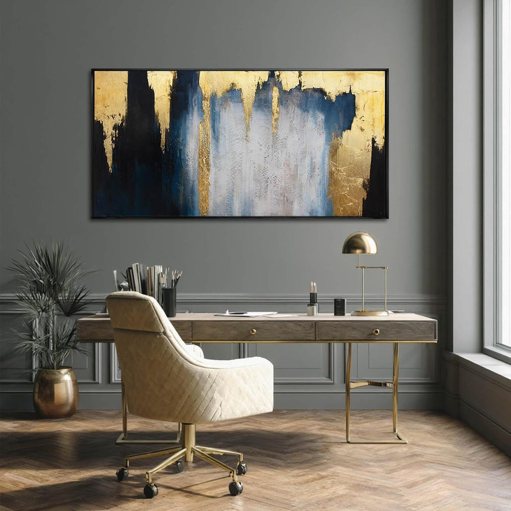 Abstract Blue and Gold Wall Art with Black Frame Modern Canvas Painting Large Artwork Bedroom Office Home
